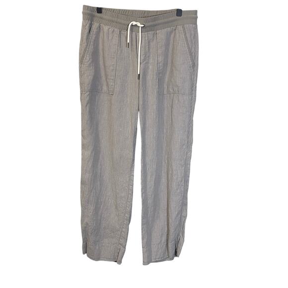 Athleta Bali Striped Linen Crop Wide Leg Pant Elastic Waist Pockets Beige Sz 10 - Picture 1 of 9